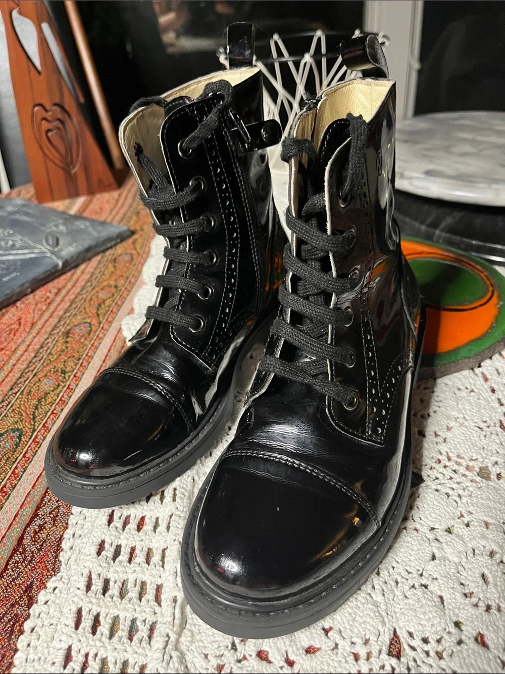 Naturino patent leather Glossy Black Lace-Up Combat Boots inside zippers